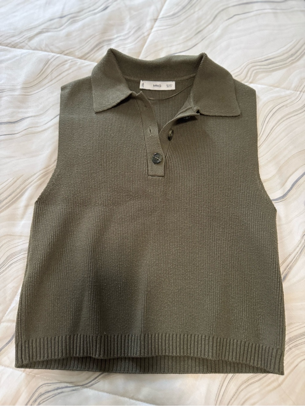 Mango Olive Green Knit Sleeveless Polo Top